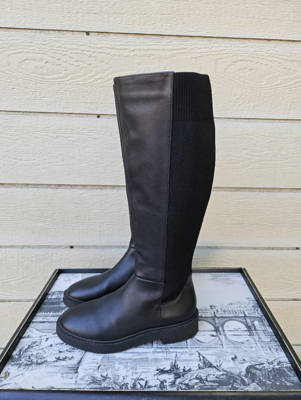 Andre Assous black leather and textile knee high Viva boots size 7.5